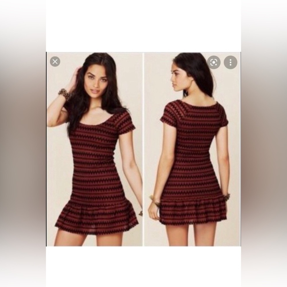 Free People Mini Dress in Burgundy and Black Zigzag